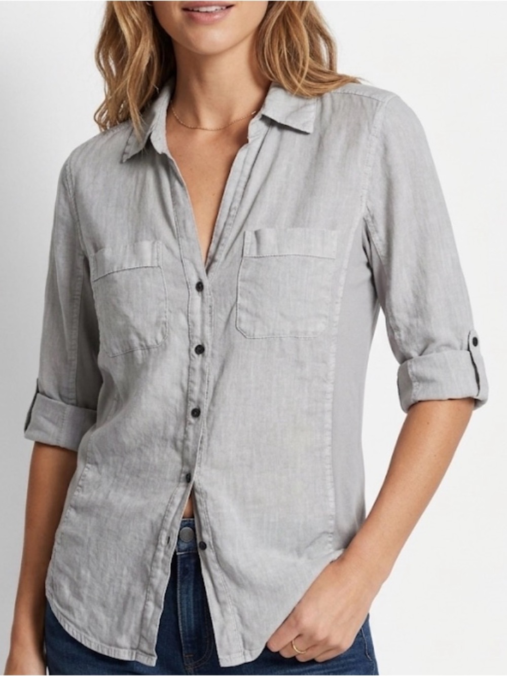 James Perse Gray Linen Mixed Media Button Up Shirt Size 3/L